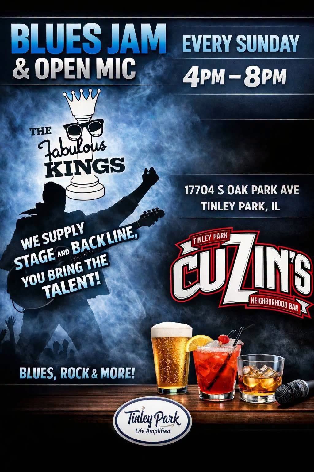 Blues Jam & Open Mic flyer at Cuzin's Neighborhood Bar